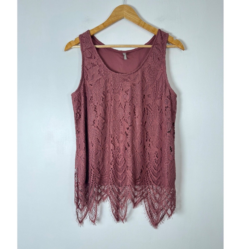 Boho Vanity Women LG Tank Top Mauve Floral Lace Handkerchief Eyelash Hem Lined
